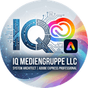Logo der IQ Mediengruppe LLC mit dem Schriftzug „IQ MEDIENGRUPPE LLC – SYSTEM ARCHITECT | ADOBE EXPRESS PROFESSIONAL“. Das Design kombiniert blaue, digitale Leiterplatten-Muster im „IQ“-Schriftzug mit farbenfrohen Cloud- und Adobe Express-Symbolen vor einem dynamischen Netzwerk-Hintergrund.